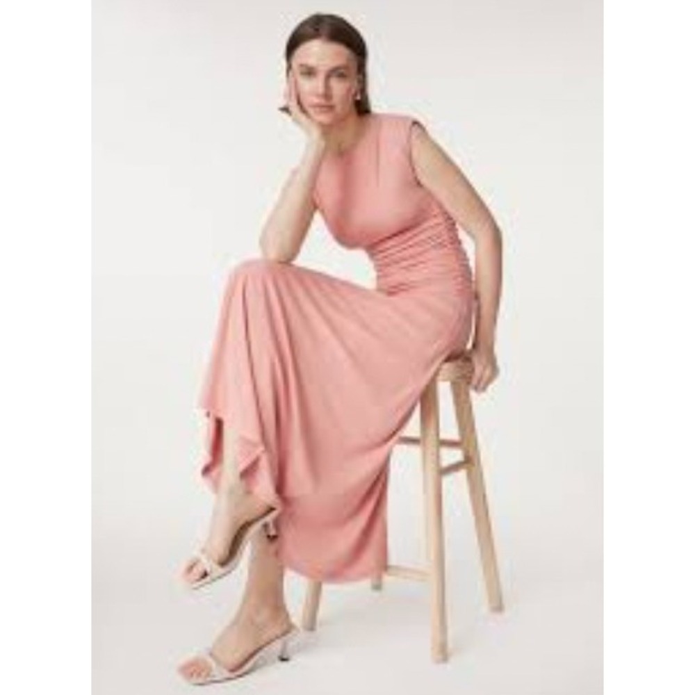 OGL SkinKiss Breezy Cooling Side Ruched Midi Dress Size Small Pink Coral Bodycon